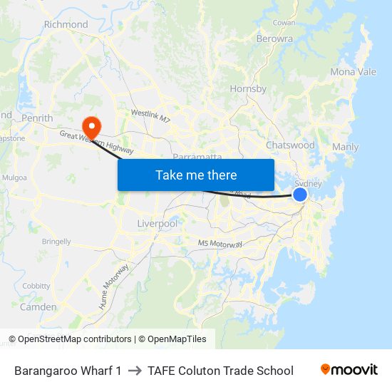 Barangaroo Wharf 1 to TAFE Coluton Trade School map