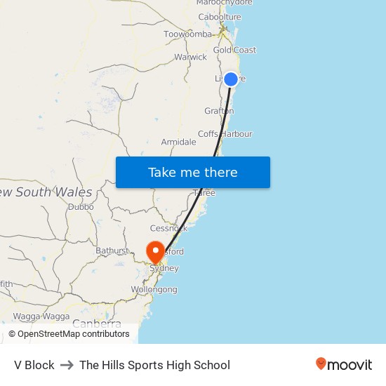 V Block to The Hills Sports High School map