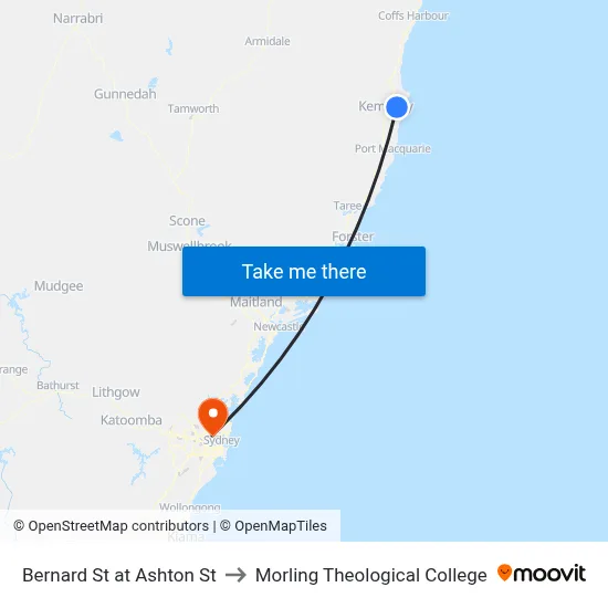 Bernard St at Ashton St to Morling Theological College map
