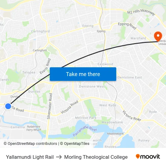 Yallamundi Light Rail to Morling Theological College map