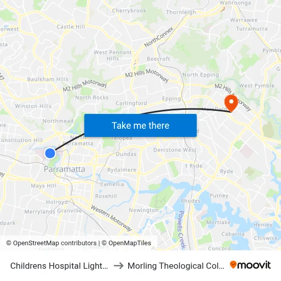Childrens Hospital Light Rail to Morling Theological College map