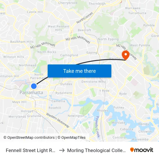 Fennell Street Light Rail to Morling Theological College map