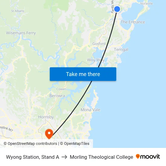 Wyong Station, Stand A to Morling Theological College map