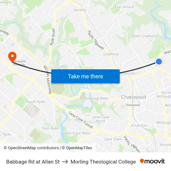 Babbage Rd at Allan St to Morling Theological College map