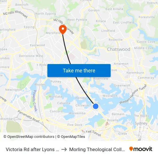 Victoria Rd after Lyons Rd to Morling Theological College map