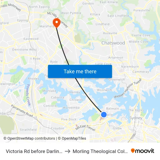 Victoria Rd before Darling St to Morling Theological College map