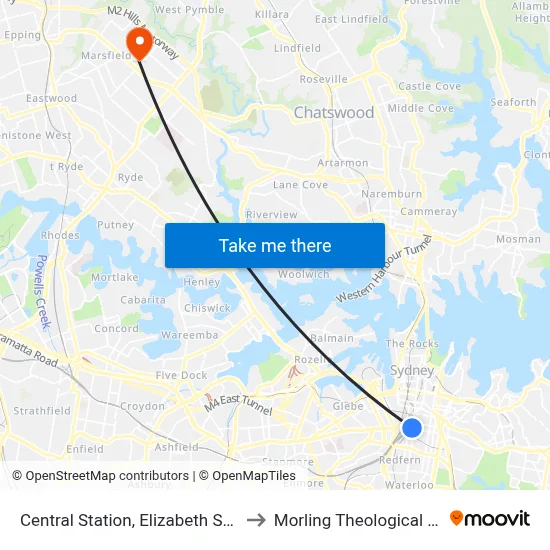 Central Station, Elizabeth St, Stand E to Morling Theological College map