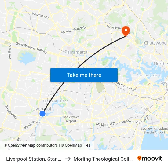 Liverpool Station, Stand B to Morling Theological College map