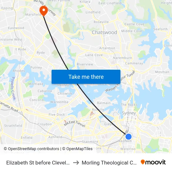 Elizabeth St before Cleveland St to Morling Theological College map