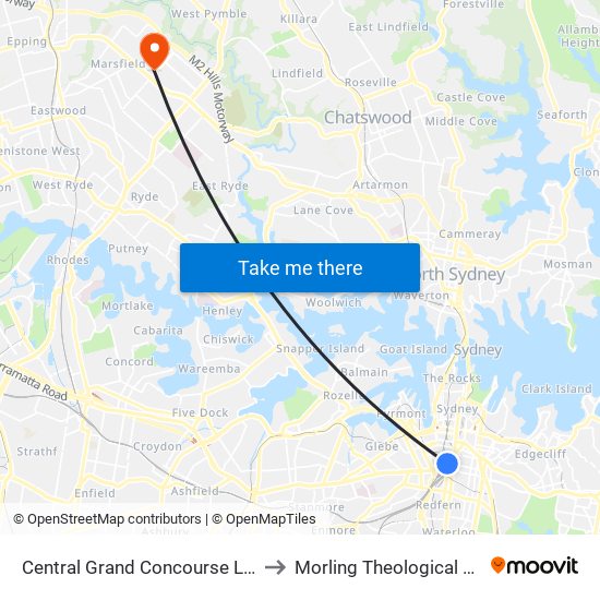 Central Grand Concourse Light Rail to Morling Theological College map