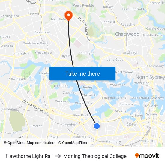 Hawthorne Light Rail to Morling Theological College map