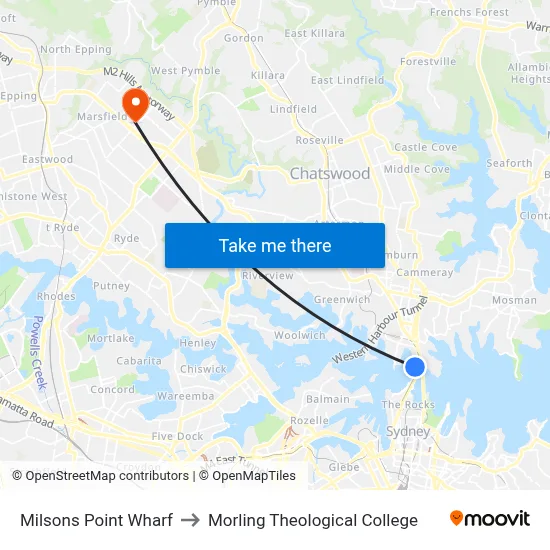 Milsons Point Wharf to Morling Theological College map