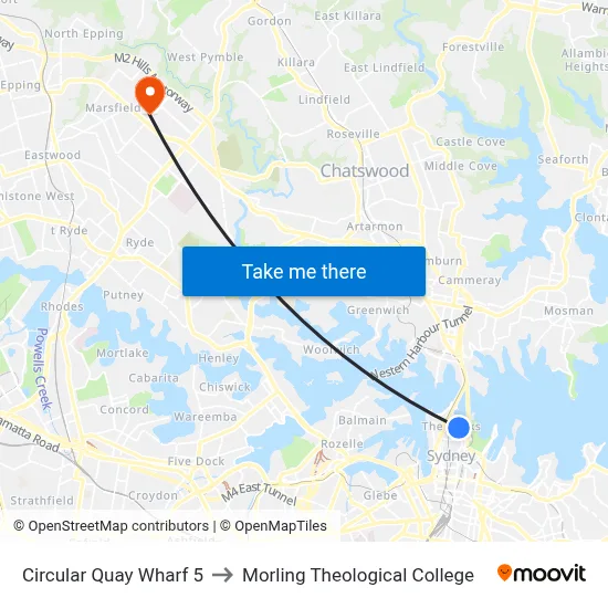 Circular Quay Wharf 5 to Morling Theological College map