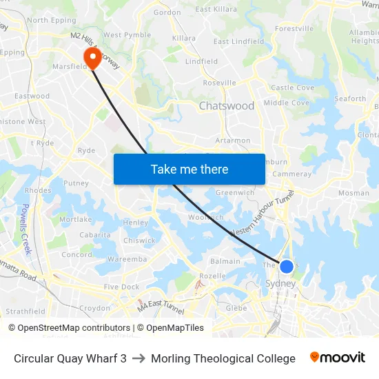 Circular Quay Wharf 3 to Morling Theological College map
