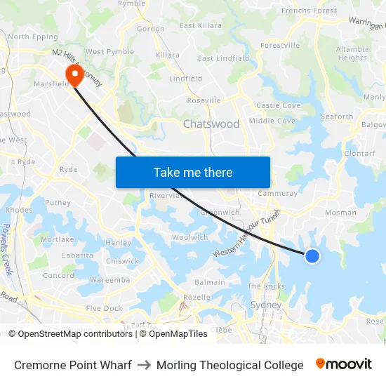 Cremorne Point Wharf to Morling Theological College map