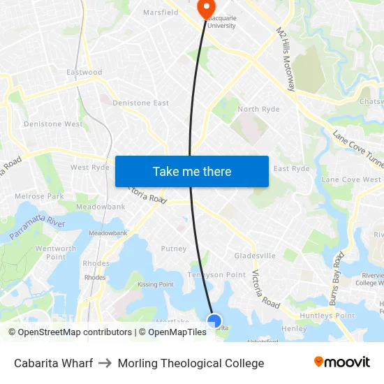 Cabarita Wharf to Morling Theological College map