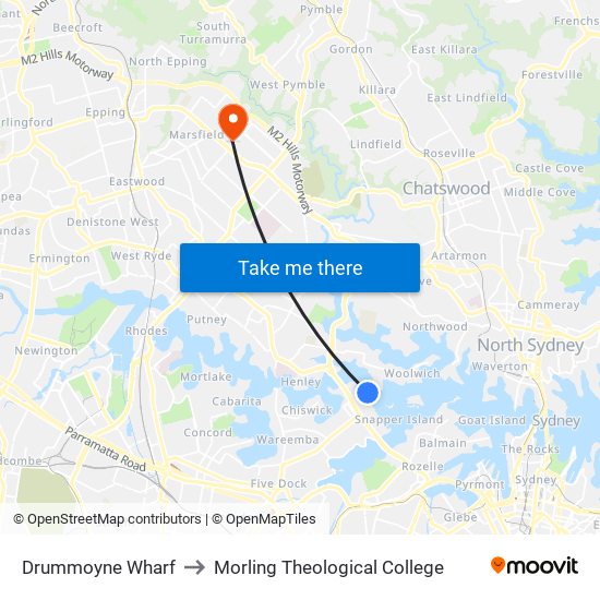 Drummoyne Wharf to Morling Theological College map