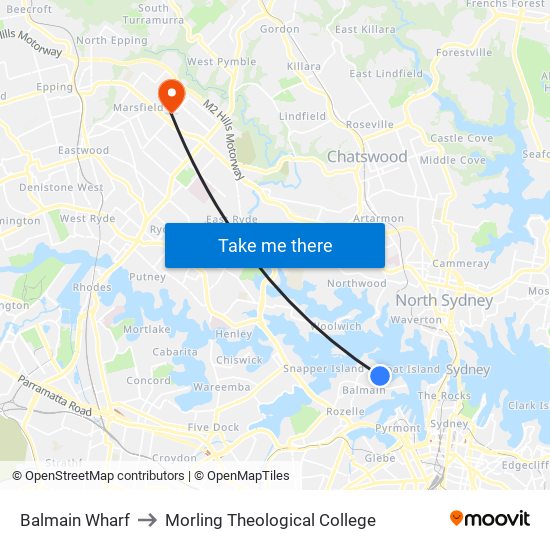 Balmain Wharf to Morling Theological College map