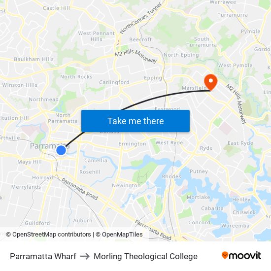 Parramatta Wharf to Morling Theological College map