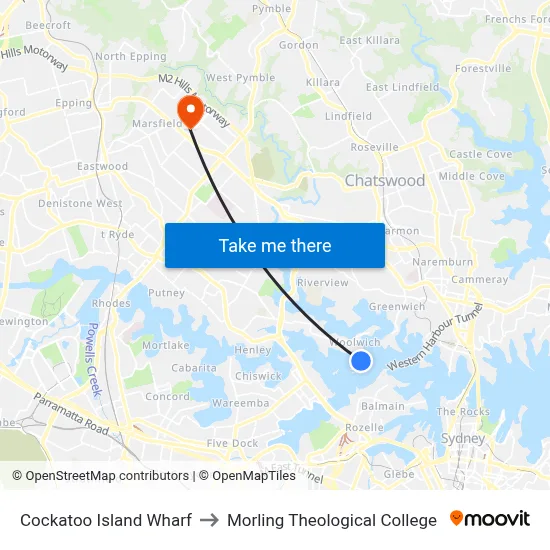 Cockatoo Island Wharf to Morling Theological College map