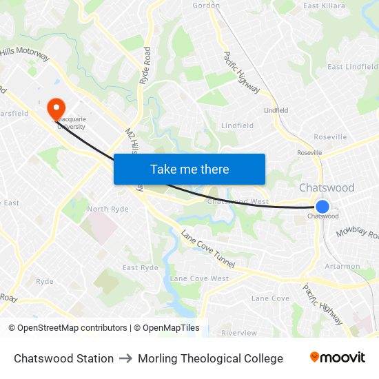 Chatswood Station to Morling Theological College map
