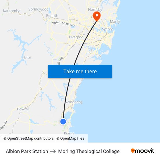 Albion Park Station to Morling Theological College map