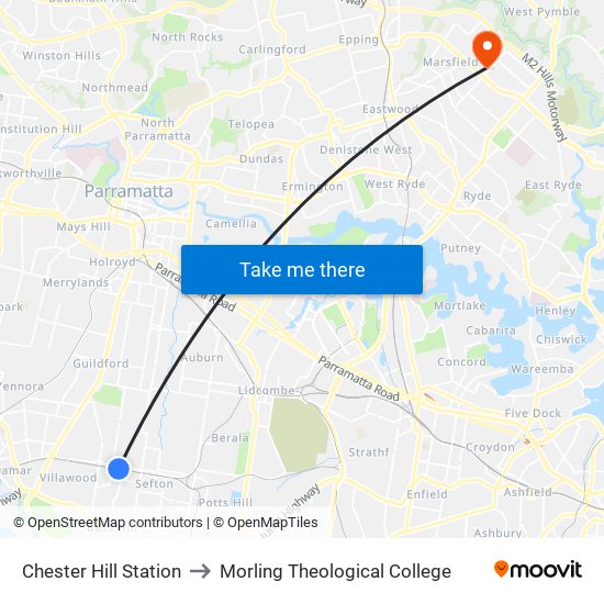 Chester Hill Station to Morling Theological College map