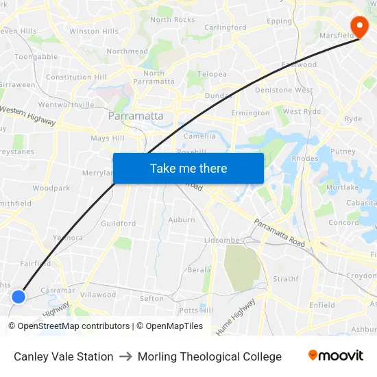 Canley Vale Station to Morling Theological College map
