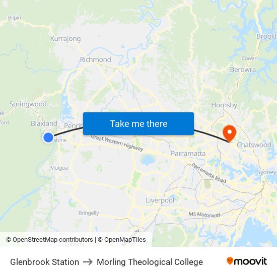 Glenbrook Station to Morling Theological College map