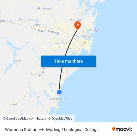 Woonona Station to Morling Theological College map