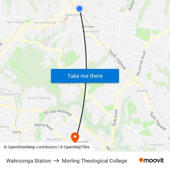 Wahroonga Station to Morling Theological College map