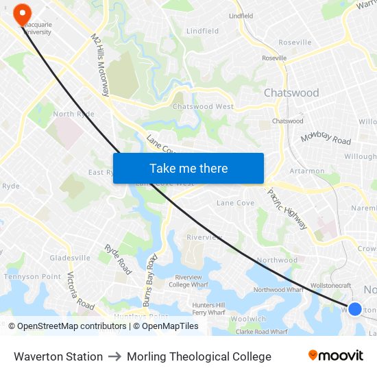 Waverton Station to Morling Theological College map