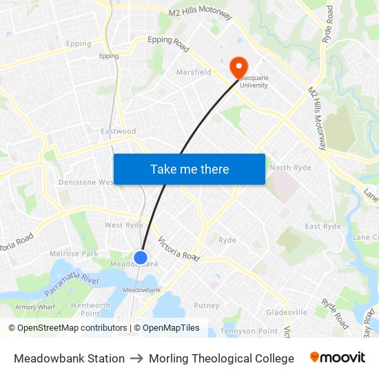 Meadowbank Station to Morling Theological College map