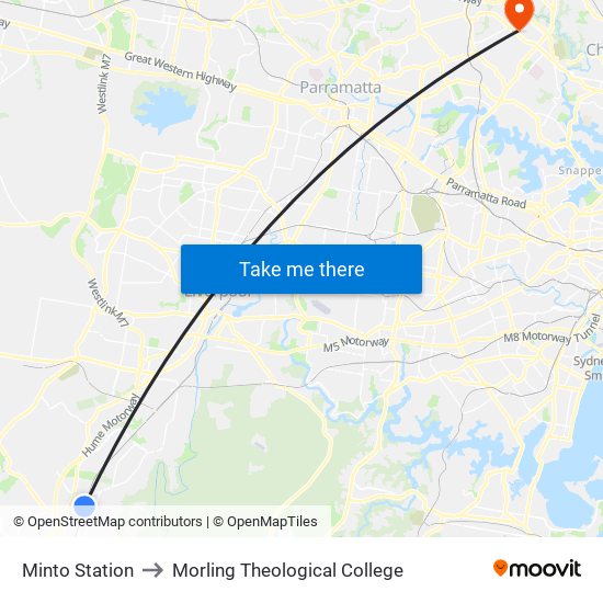Minto Station to Morling Theological College map