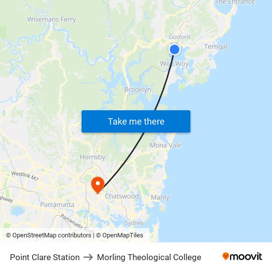 Point Clare Station to Morling Theological College map