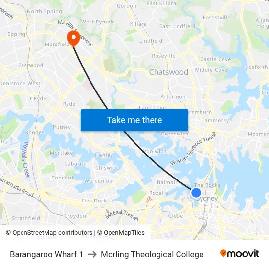 Barangaroo Wharf 1 to Morling Theological College map