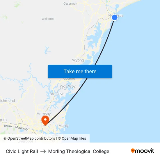 Civic Light Rail to Morling Theological College map