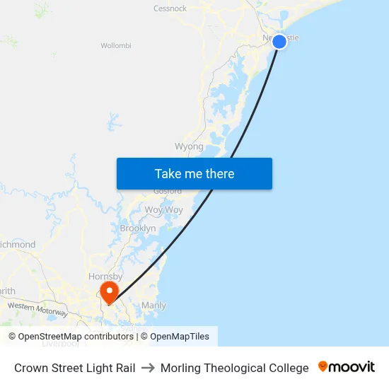 Crown Street Light Rail to Morling Theological College map