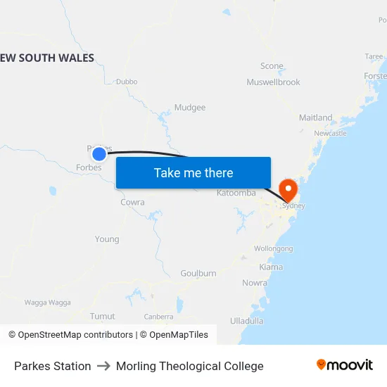 Parkes Station to Morling Theological College map