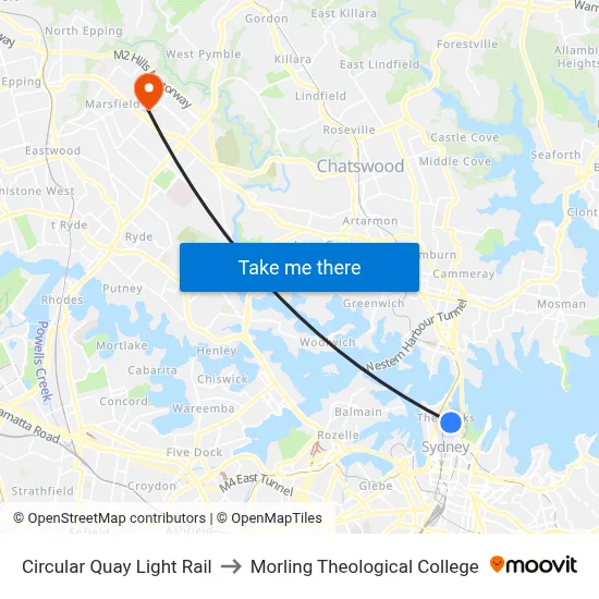 Circular Quay Light Rail to Morling Theological College map