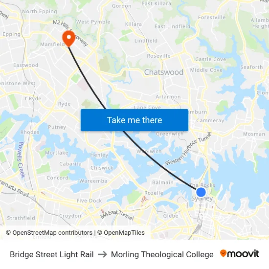 Bridge Street Light Rail to Morling Theological College map
