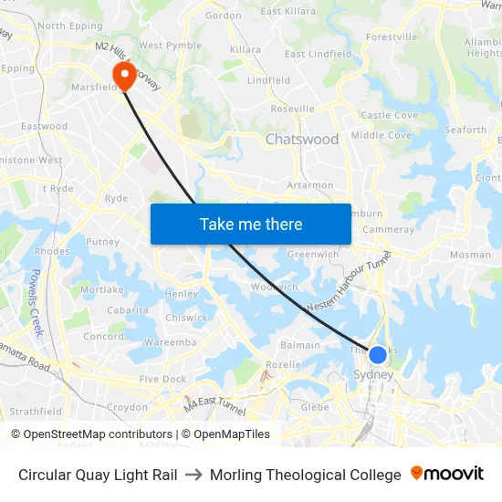 Circular Quay Light Rail to Morling Theological College map