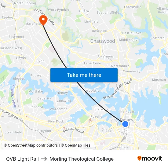 QVB Light Rail to Morling Theological College map