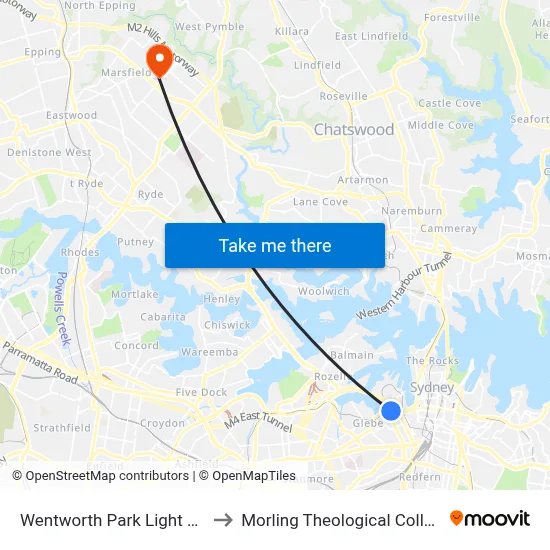 Wentworth Park Light Rail to Morling Theological College map