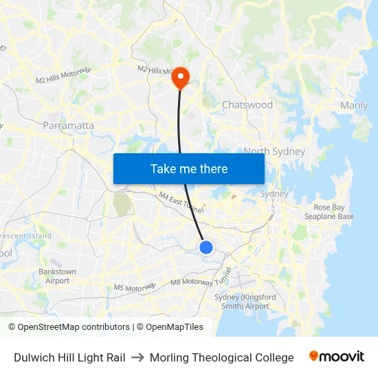 Dulwich Hill Light Rail to Morling Theological College map