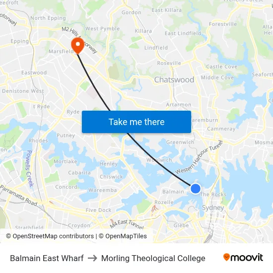 Balmain East Wharf to Morling Theological College map