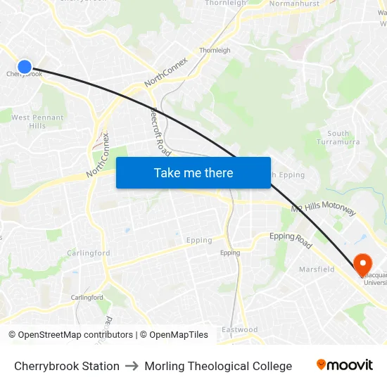 Cherrybrook Station to Morling Theological College map