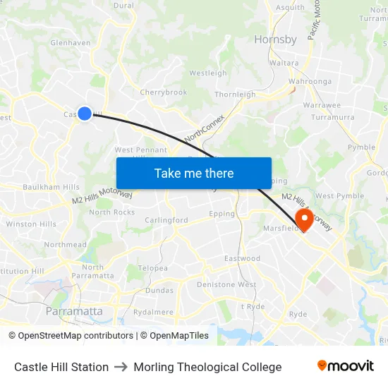 Castle Hill Station to Morling Theological College map