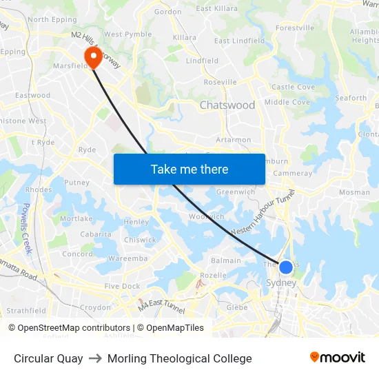 Circular Quay to Morling Theological College map