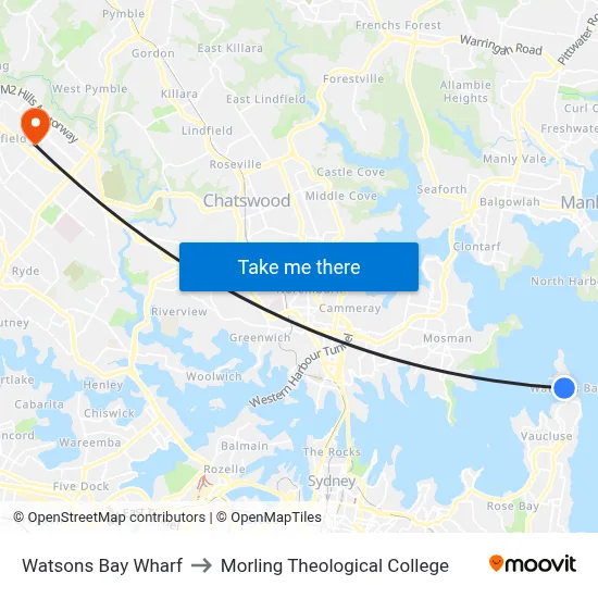 Watsons Bay Wharf to Morling Theological College map